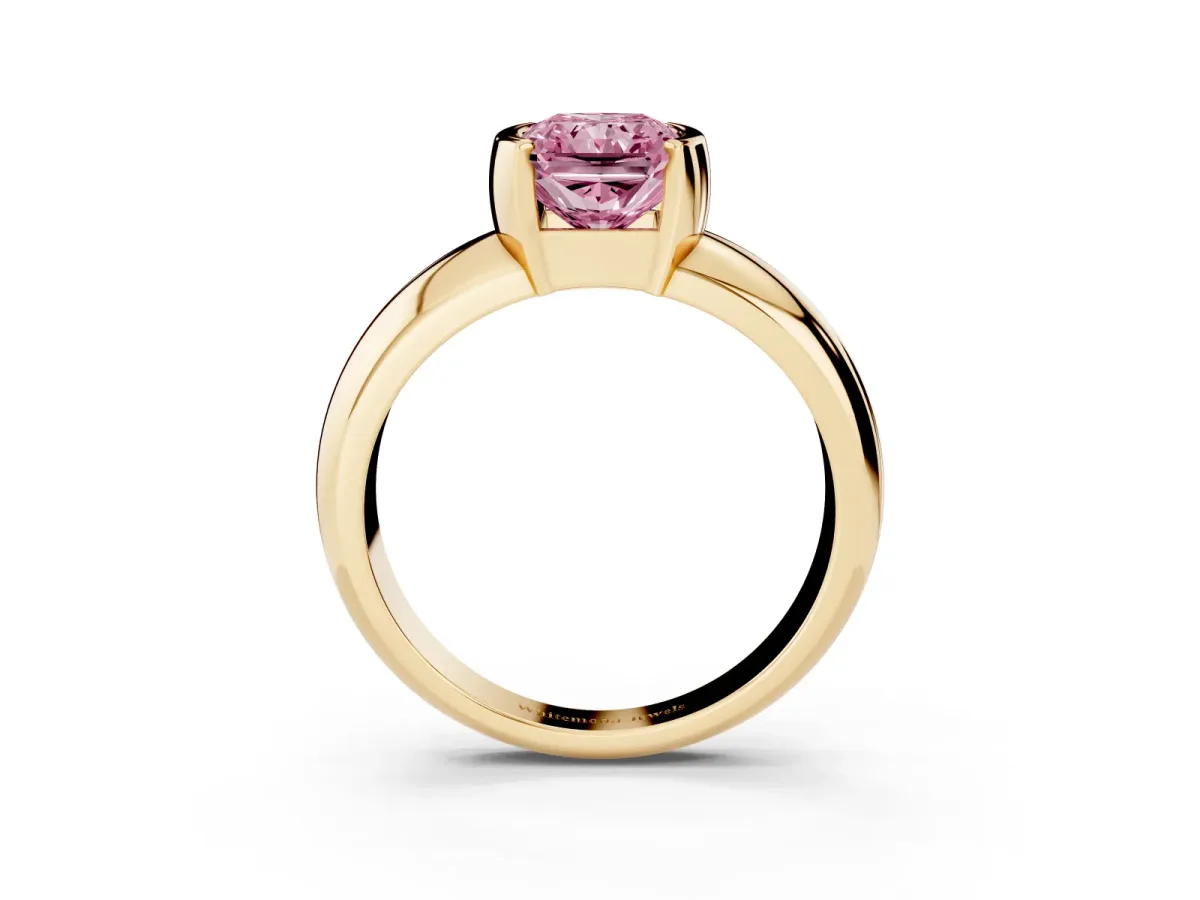 Fancy Pink Radiant Cut Solitaire Tension Set Diamond Ring with Wide Band Yellow gold
