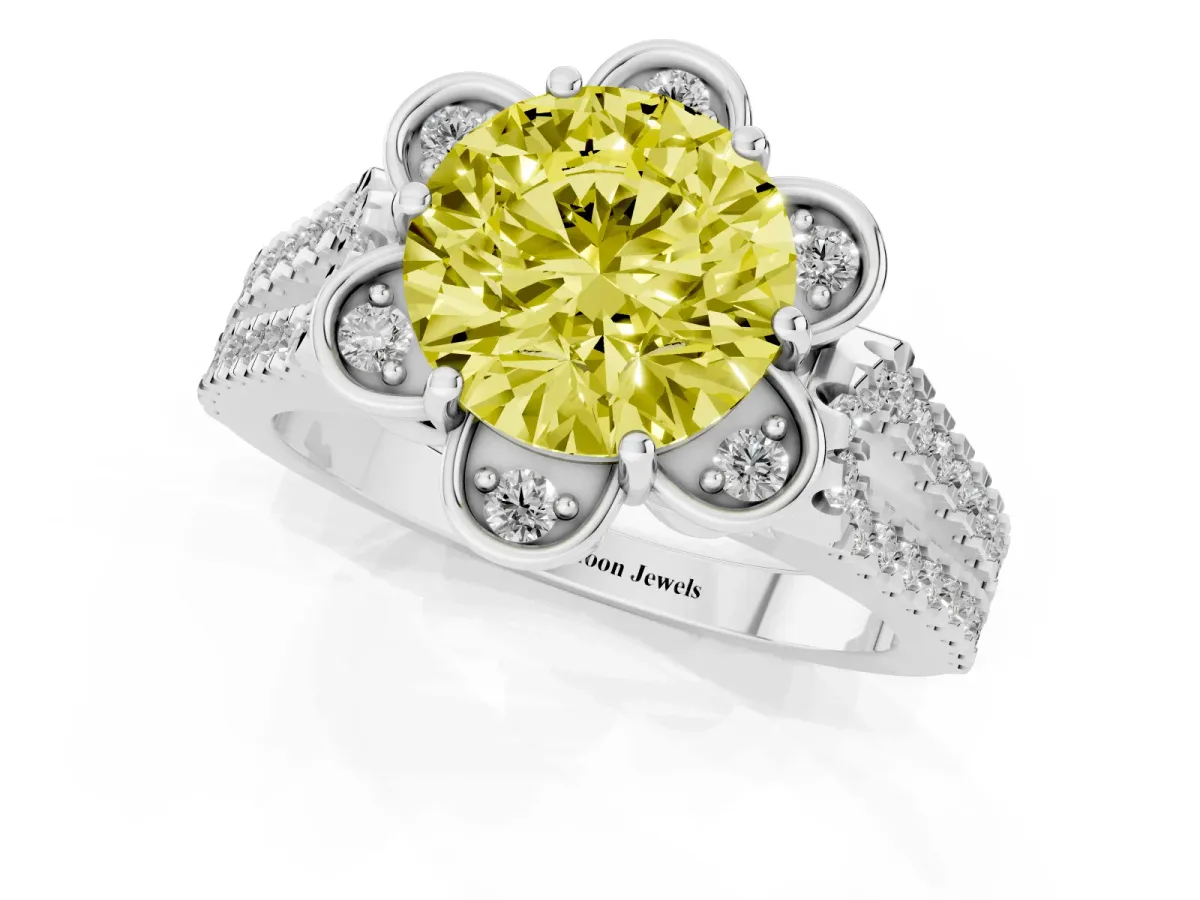 Fancy Yellow Round Cut Halo Diamond Floral Split Shank Engagement Ring Platinum
