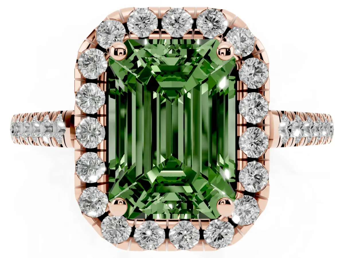 Fancy Green Emerald Cut Halo Pavé Diamond Engagement Ring with Four-Prong Setting Rose gold