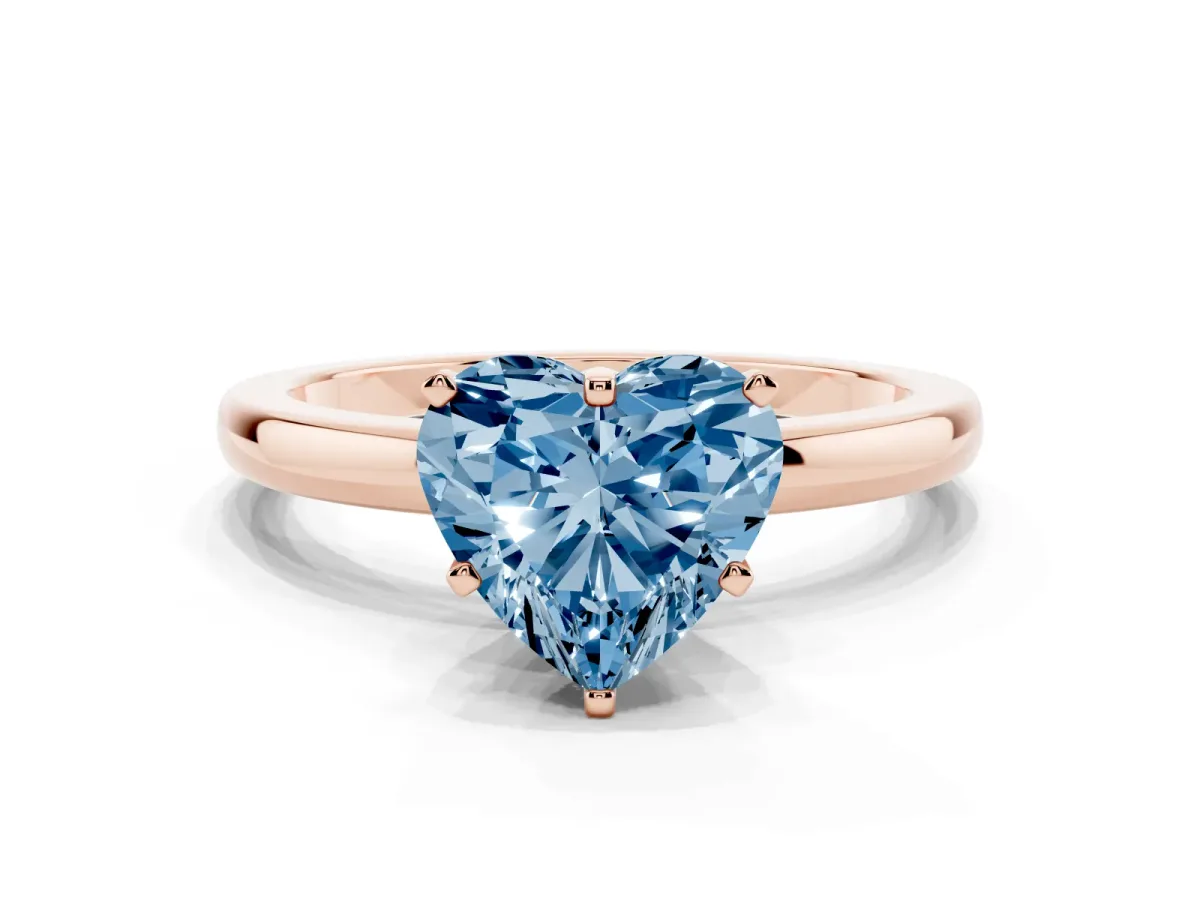 Fancy Blue Heart Cut Solitaire Diamond Ring with Six-Prong Setting on a Classic Band Rose gold