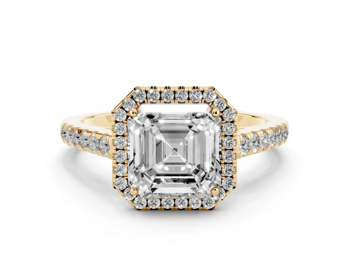 Asscher Cut Halo Pave Diamond Engagement Ring with Four-Prong Setting Yellow gold