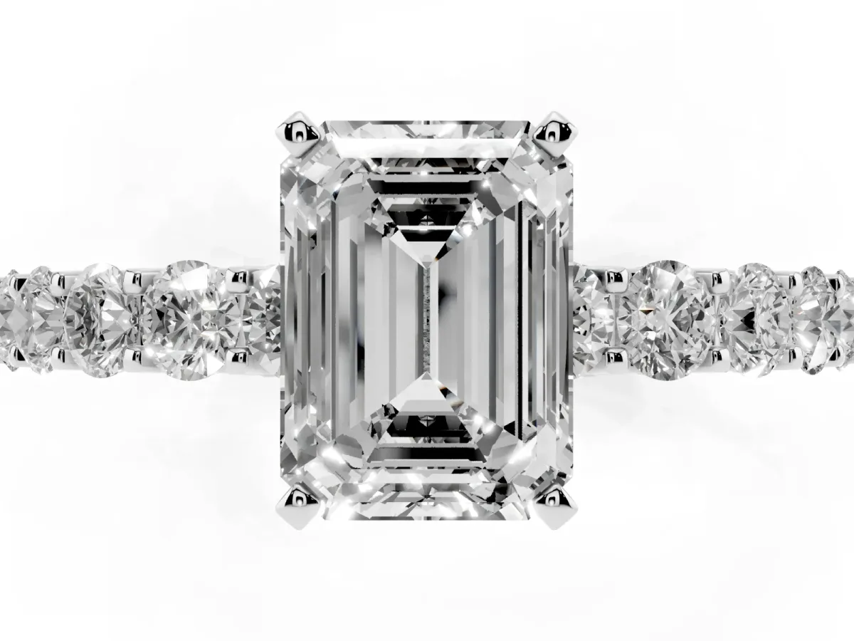Emerald Cut Diamond Solitaire Ring with Shared Prong Pavé Band and Four-Prong Setting Silver