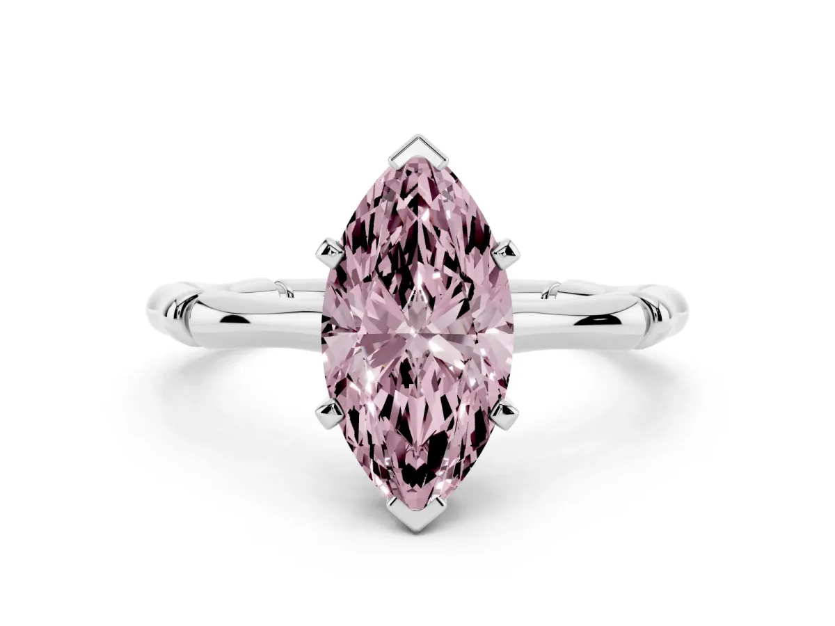 Fancy Pink Marquise Cut Solitaire Diamond Ring with Bamboo Band and Four-Prong Setting Silver