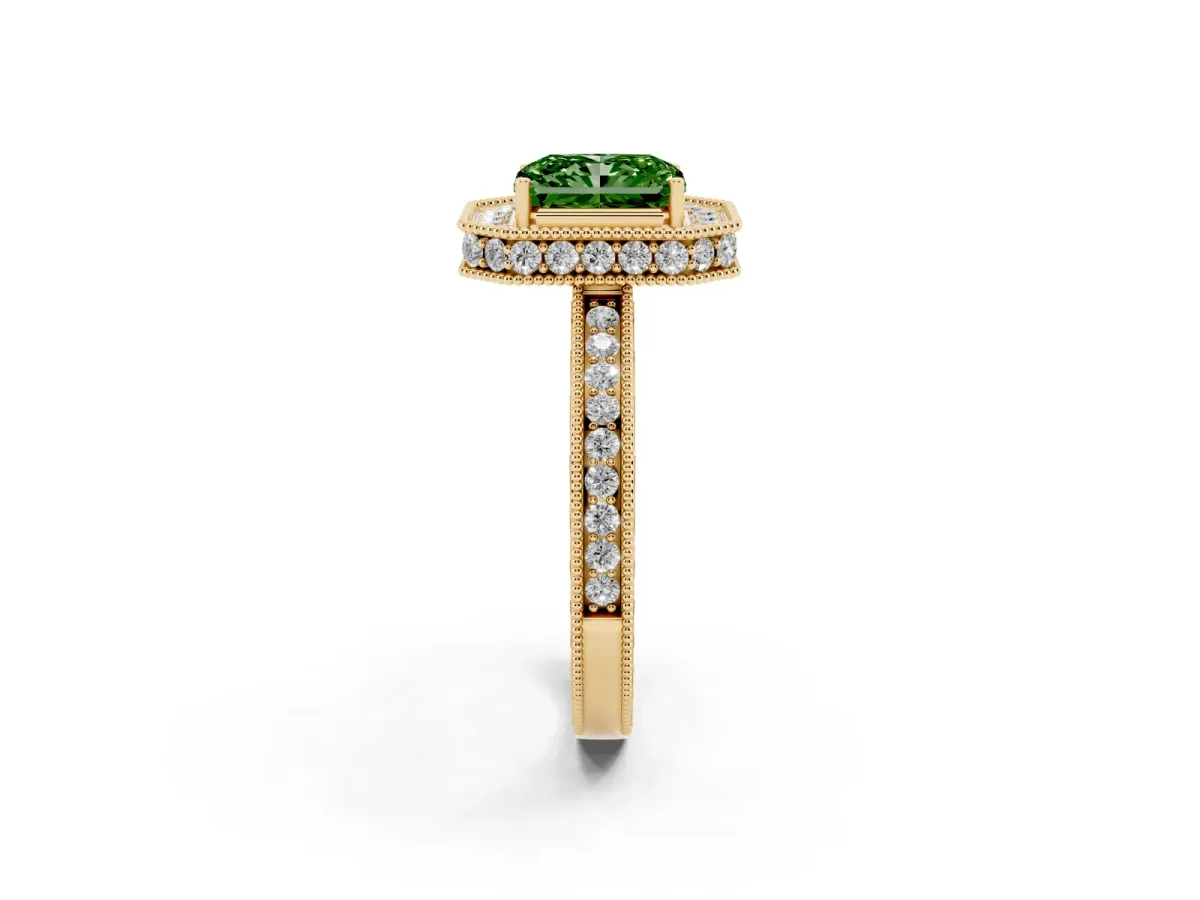 Fancy Green Radiant Cut Diamond Milgrain Halo Engagement Ring with Round Pavé Band and Prong Setting Yellow gold