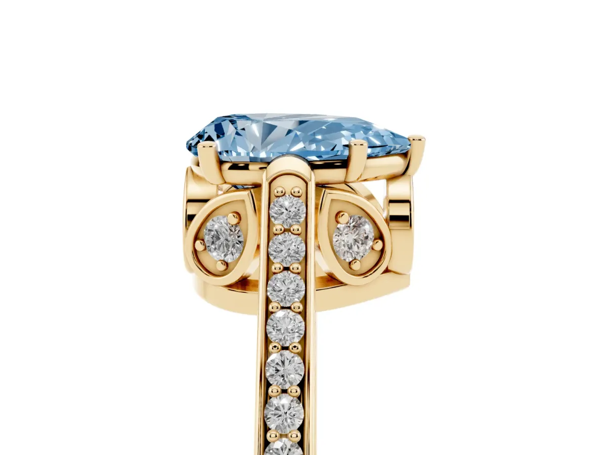 Fancy Blue Pear Cut Cut Cathedral Pave Diamond Engagement Ring with Six-Prong Setting Yellow gold