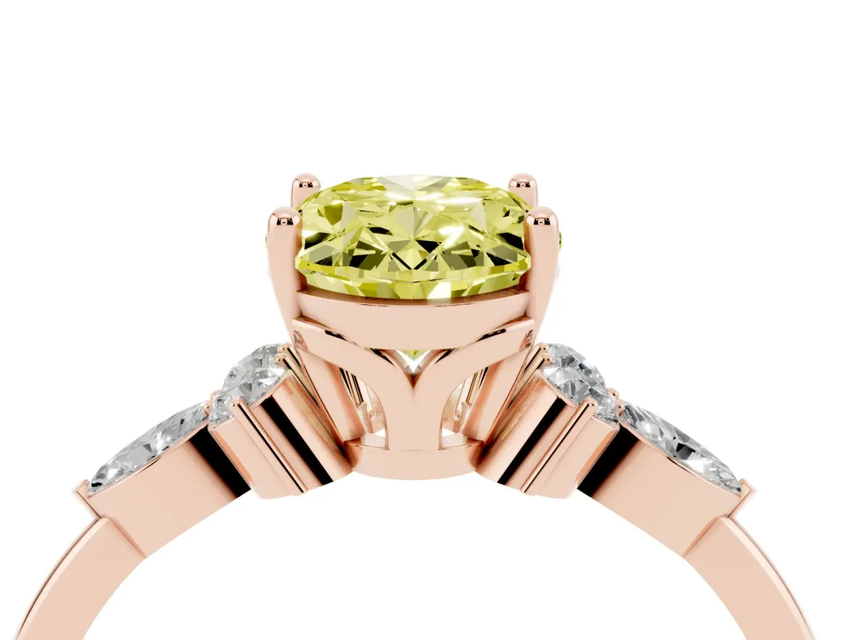 Fancy Yellow Oval Cut Brilliant Diamond Solitaire Ring with Pear Side Stones and Four-Prong Setting Rose gold