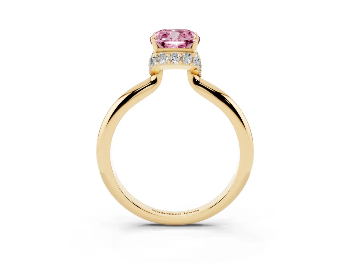 Fancy Pink Cushion Cut Brilliant Solitaire Engagement Ring with Six-Prong Setting and Classic Band Yellow gold