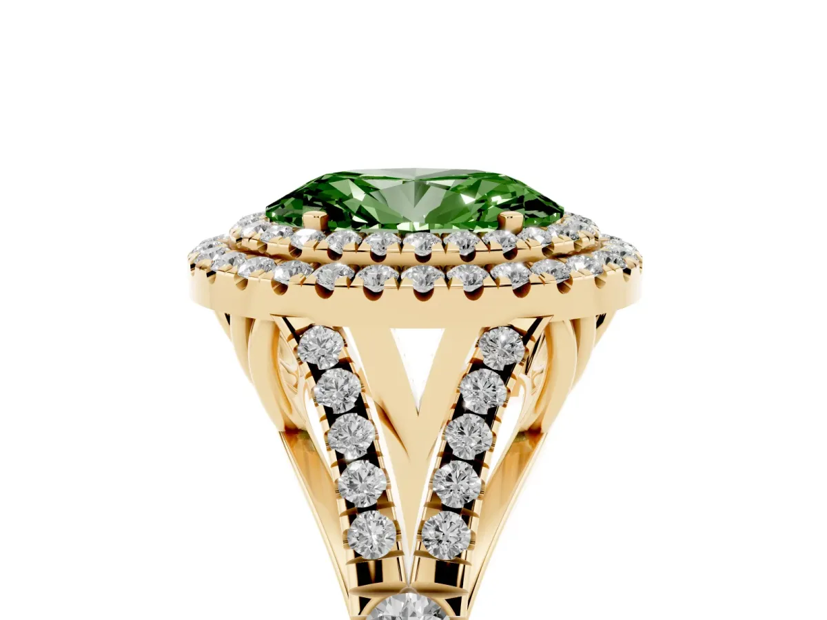 Fancy Green Double Halo Oval Cut Diamond Split Shank Engagement Ring with Four-Prong Setting Yellow gold