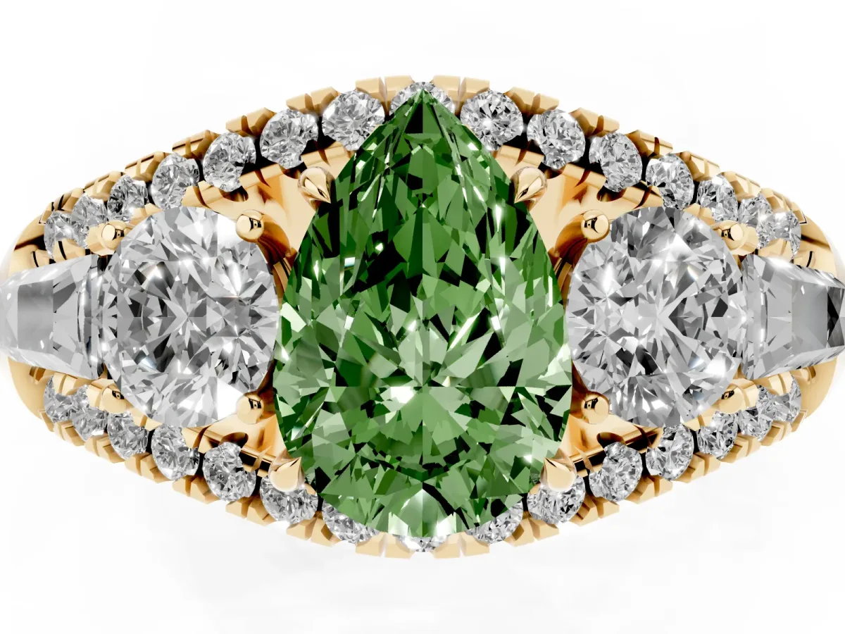 Fancy Green Three-Stone Pear Cut Diamond Engagement Ring with Pave Band and Prong Setting Yellow gold