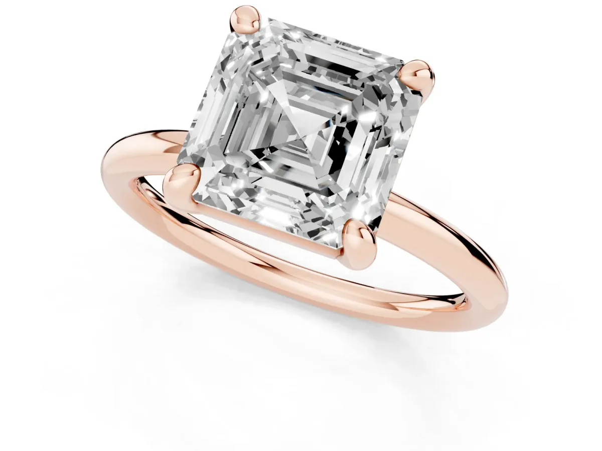 Asscher Cut Solitaire Diamond Ring with Four-Prong Setting on a Plain Band Rose gold