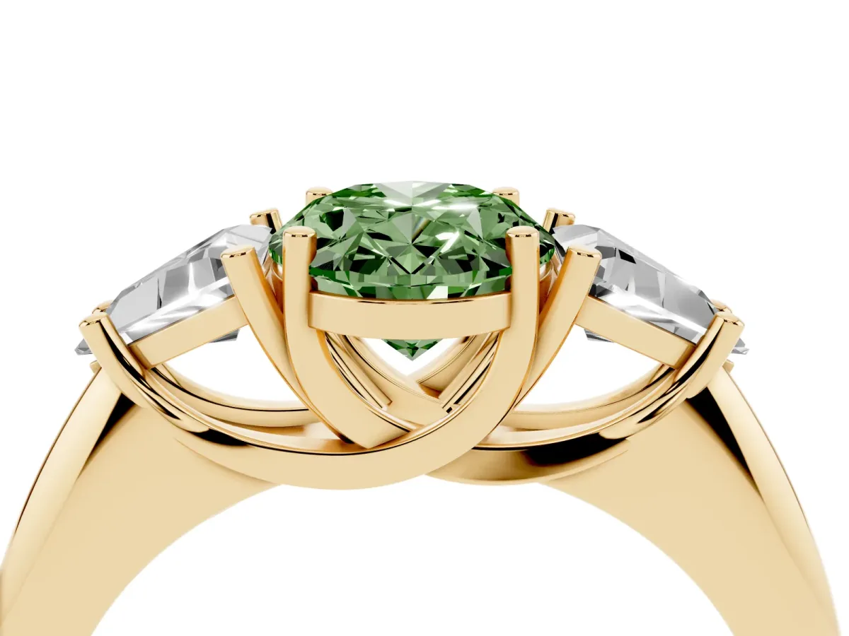Fancy Green Three-Stone Oval Cut Diamond Engagement Ring with Trillion Side Stones and Prong Setting Yellow gold