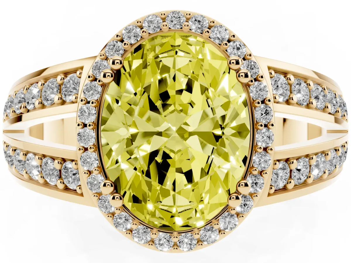 Fancy Yellow Oval Cut Diamond Halo Ring with Split Shank Pavé Band and Four-Prong Setting Yellow gold