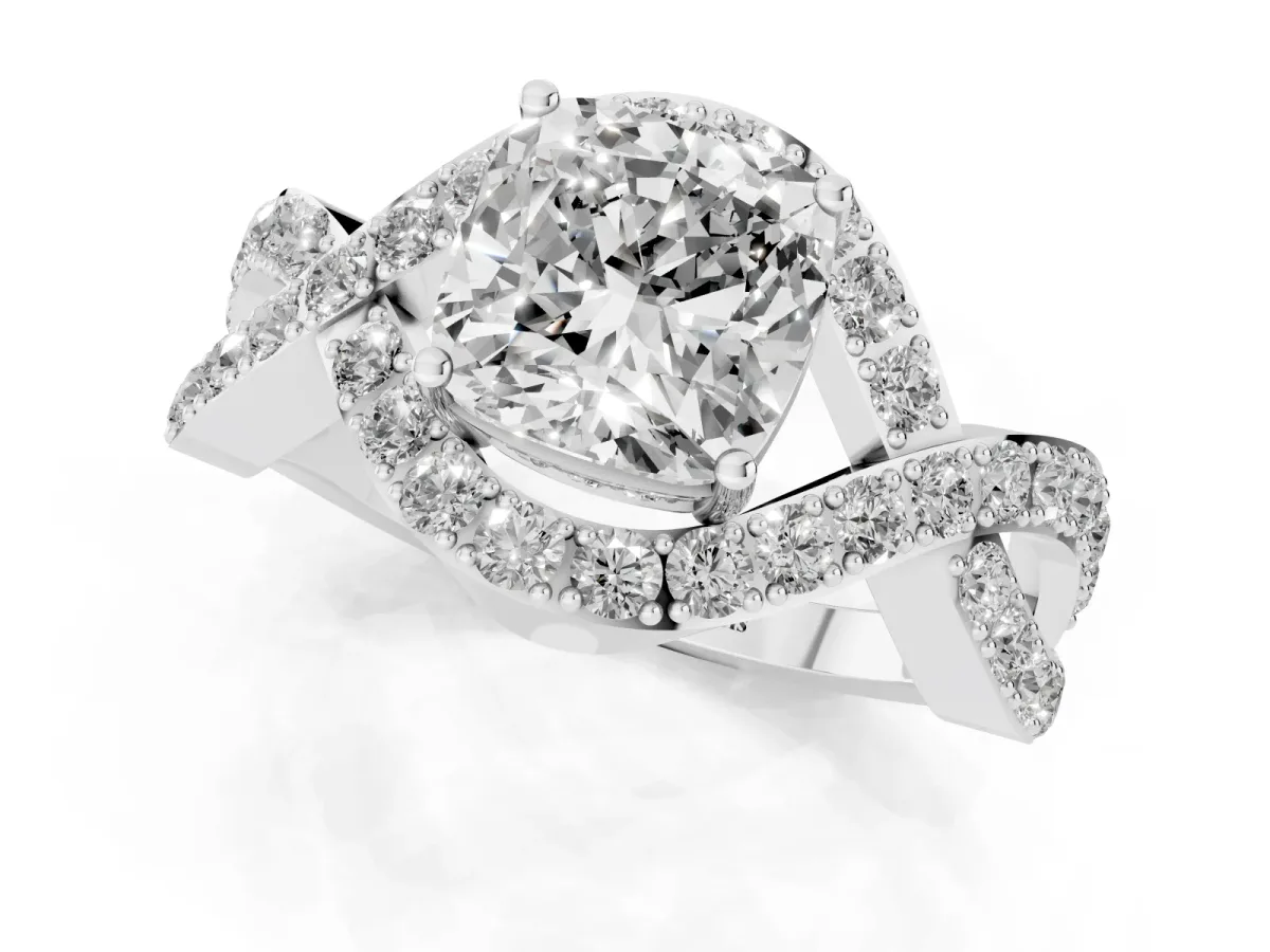 Cushion Cut Solitaire Twist Band Pavé Diamond Engagement Ring Silver