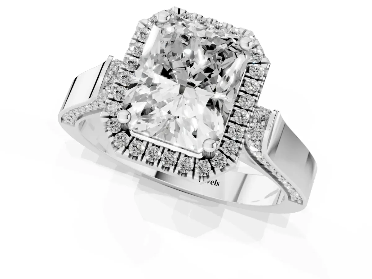 Radiant Cut Halo Round Diamond Twist Band with Four-Prong Setting Silver