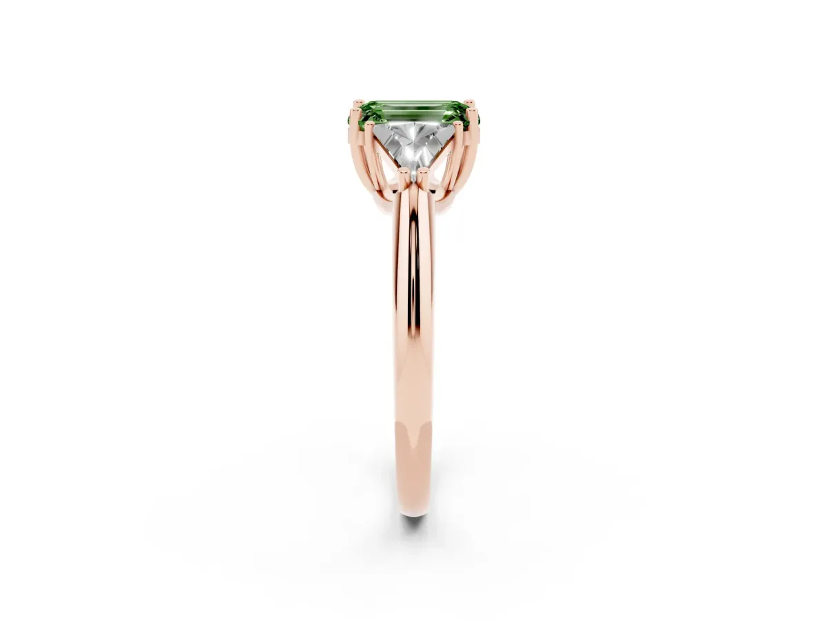 Fancy Green Three-Stone Emerald Cut Diamond Engagement Ring with Trillion Side Stones and Prong Setting Rose gold