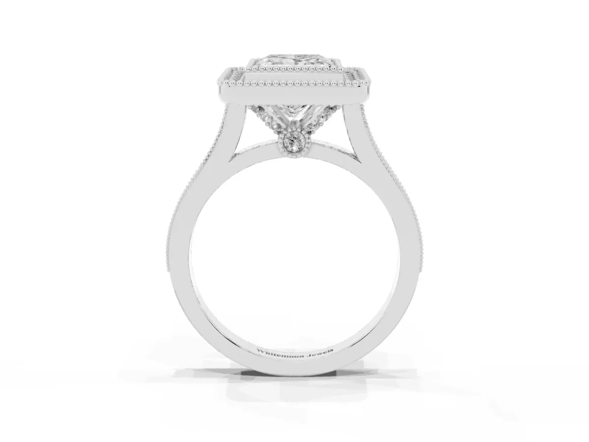 Princess Cut Diamond Halo Ring with Milgrain Frame and Pavé Band Platinum