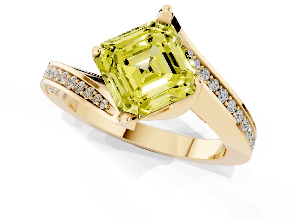Fancy Yellow Asscher Cut Solitaire Diamond Twist Band with Pavé Setting and Four-Prong Setting Yellow gold