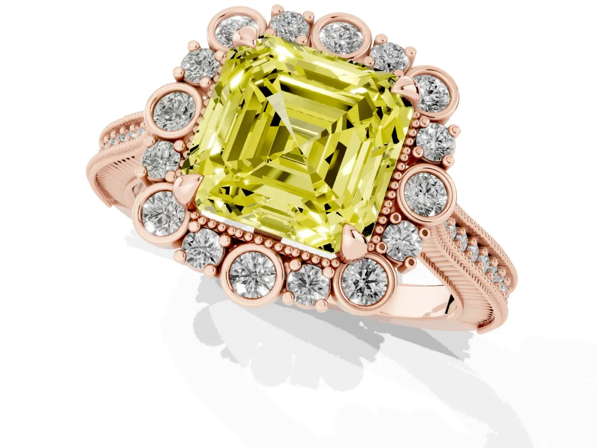 Fancy Yellow Asscher Cut Halo Milgrain Pave Diamond Ring with Four-Prong Setting Rose gold