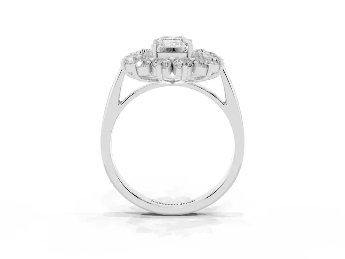 Emerald Cut Diamond Floral Double Halo Engagement Ring with Prong Setting Silver
