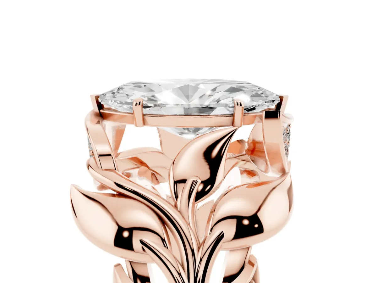 Marquise Cut Diamond Leaf-Inspired Engagement Ring with Round Accents and Prong Setting Rose gold