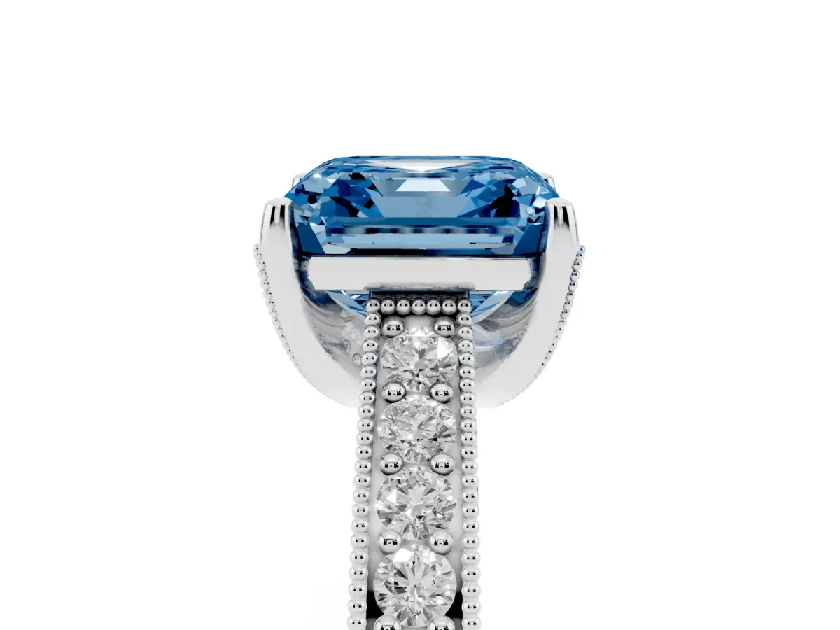 Fancy Blue Asscher Cut Cut Diamond Solitaire Ring with Milgrain Pave Band and Four Prong Setting Silver