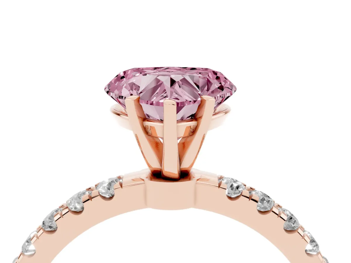 Fancy Pink Heart Cut Diamond Solitaire Ring with Pavé Accents and Four-Prong Setting Rose gold