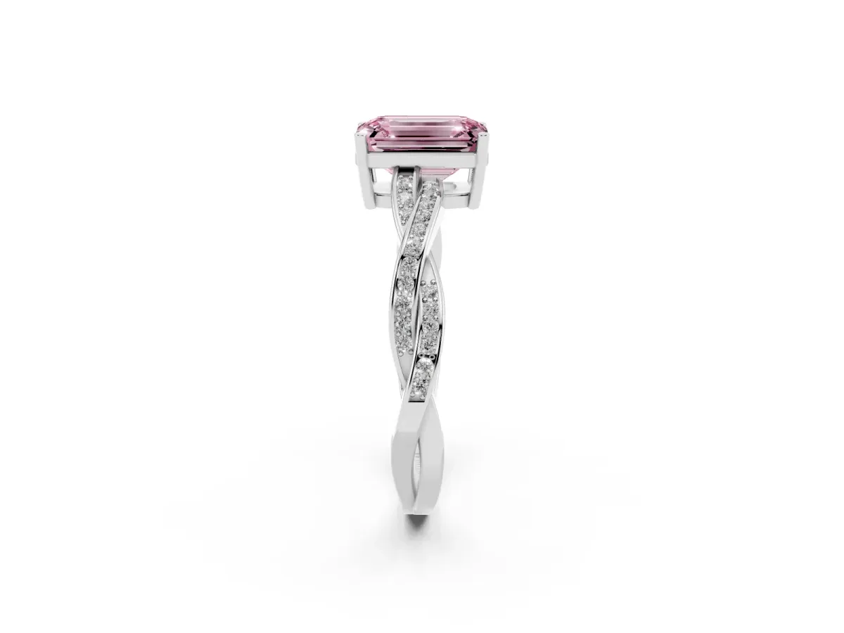 Fancy Pink Emerald Cut Solitaire Twisted Pave Diamond Ring with Four-Prong Setting Platinum
