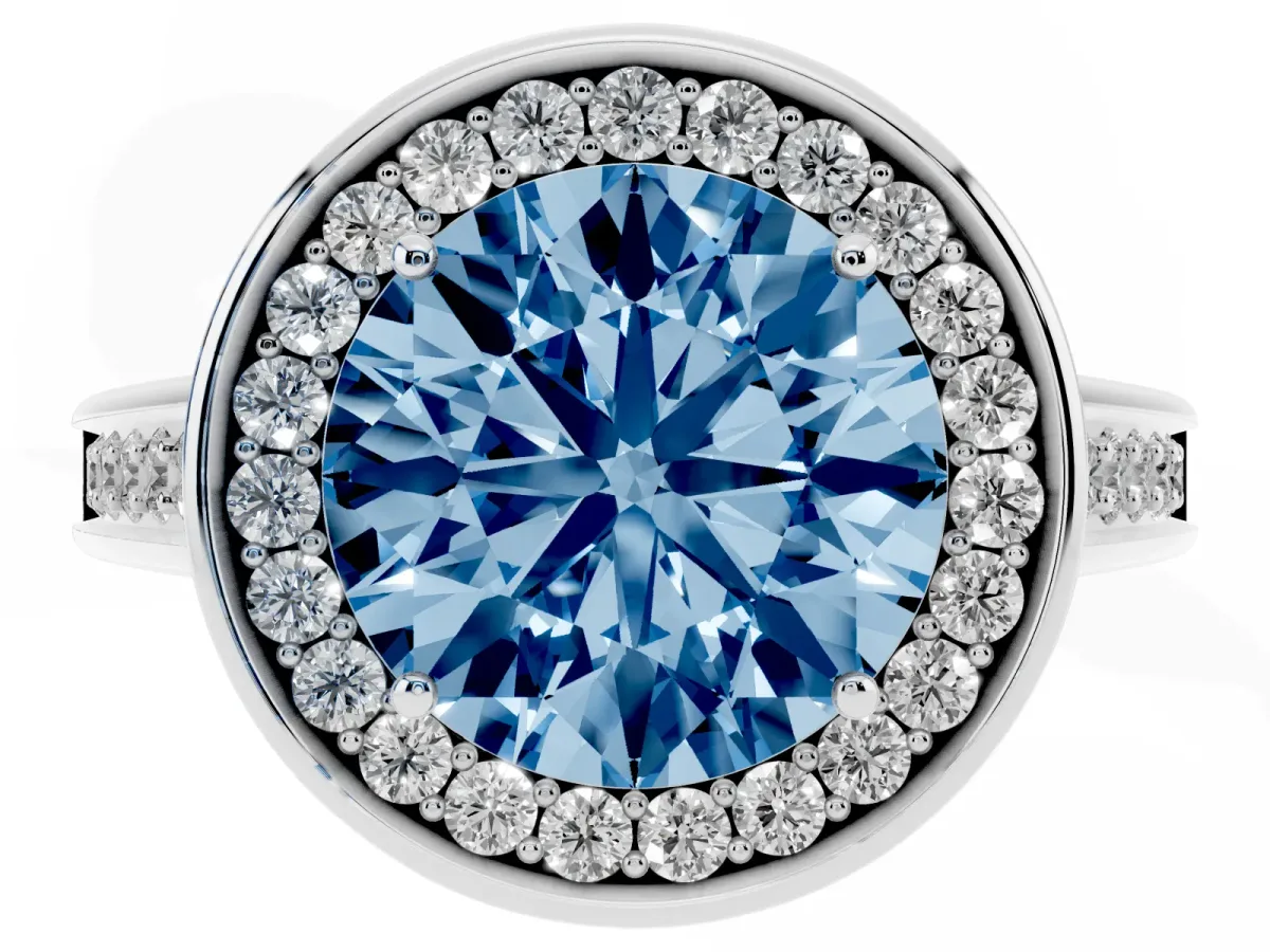 Fancy Blue Round Cut Halo Solitaire Diamond Ring with Pave Band and Bezel Setting Silver