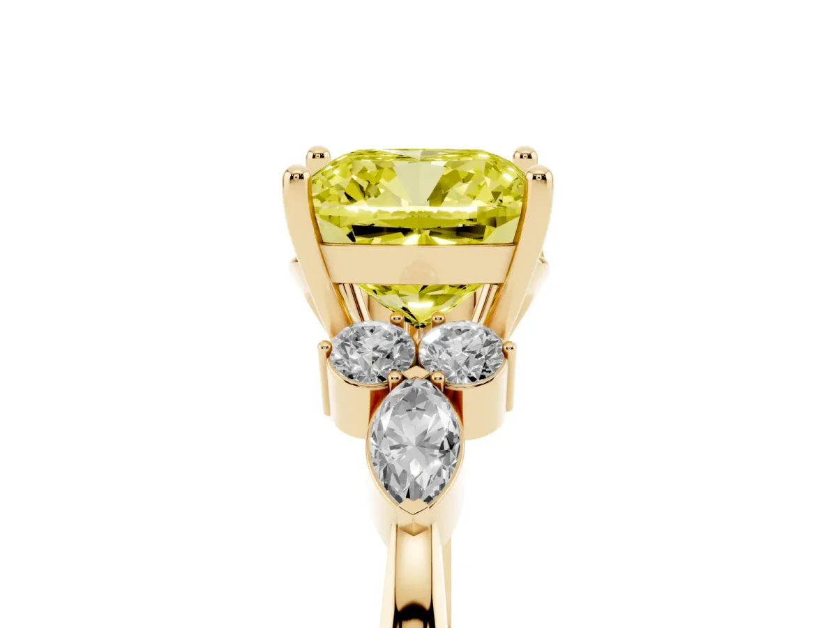 Fancy Yellow Cushion Cut Brilliant Diamond Solitaire Ring with Pear Side Stones and Four-Prong Setting Yellow gold