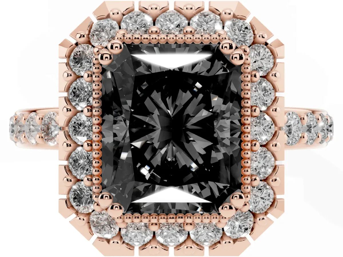 Fancy Black Radiant Cut Diamond Halo Ring with Pavé Band and Prong Setting Rose gold