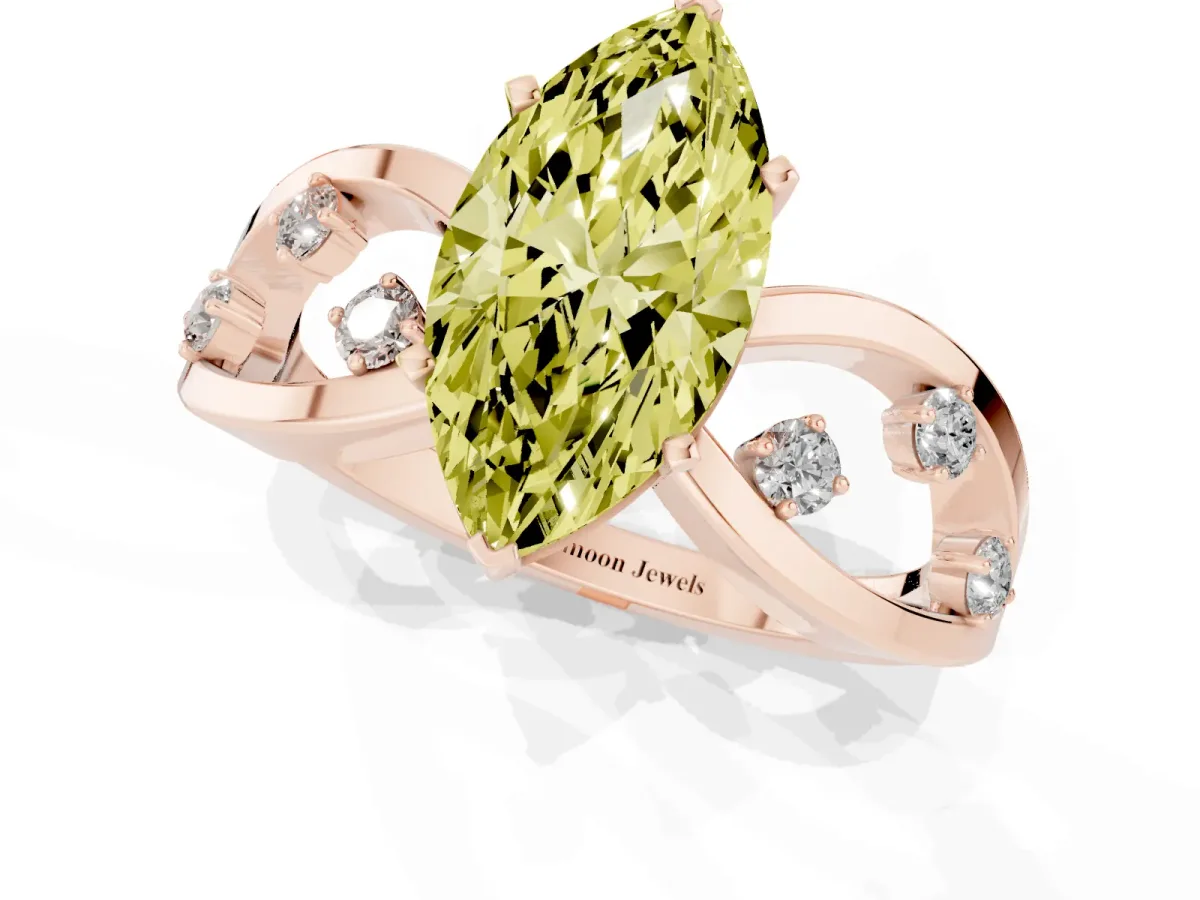 Fancy Yellow Marquise Cut Cut Solitaire Diamond with Side Stones on Criss-Cross Band and Four-Prong Setting Rose gold