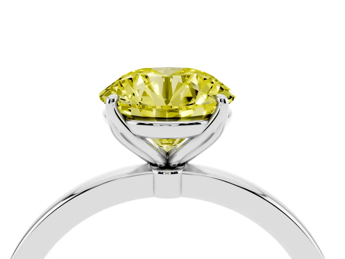 Fancy Yellow Round Cut Diamond Solitaire Ring with Thin Band and Prong Setting Silver