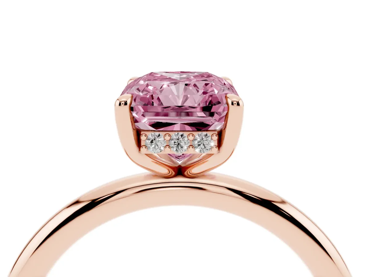 Fancy Pink Radiant Cut Diamond Solitaire Ring with Thin Band and Four-Prong Setting Rose gold