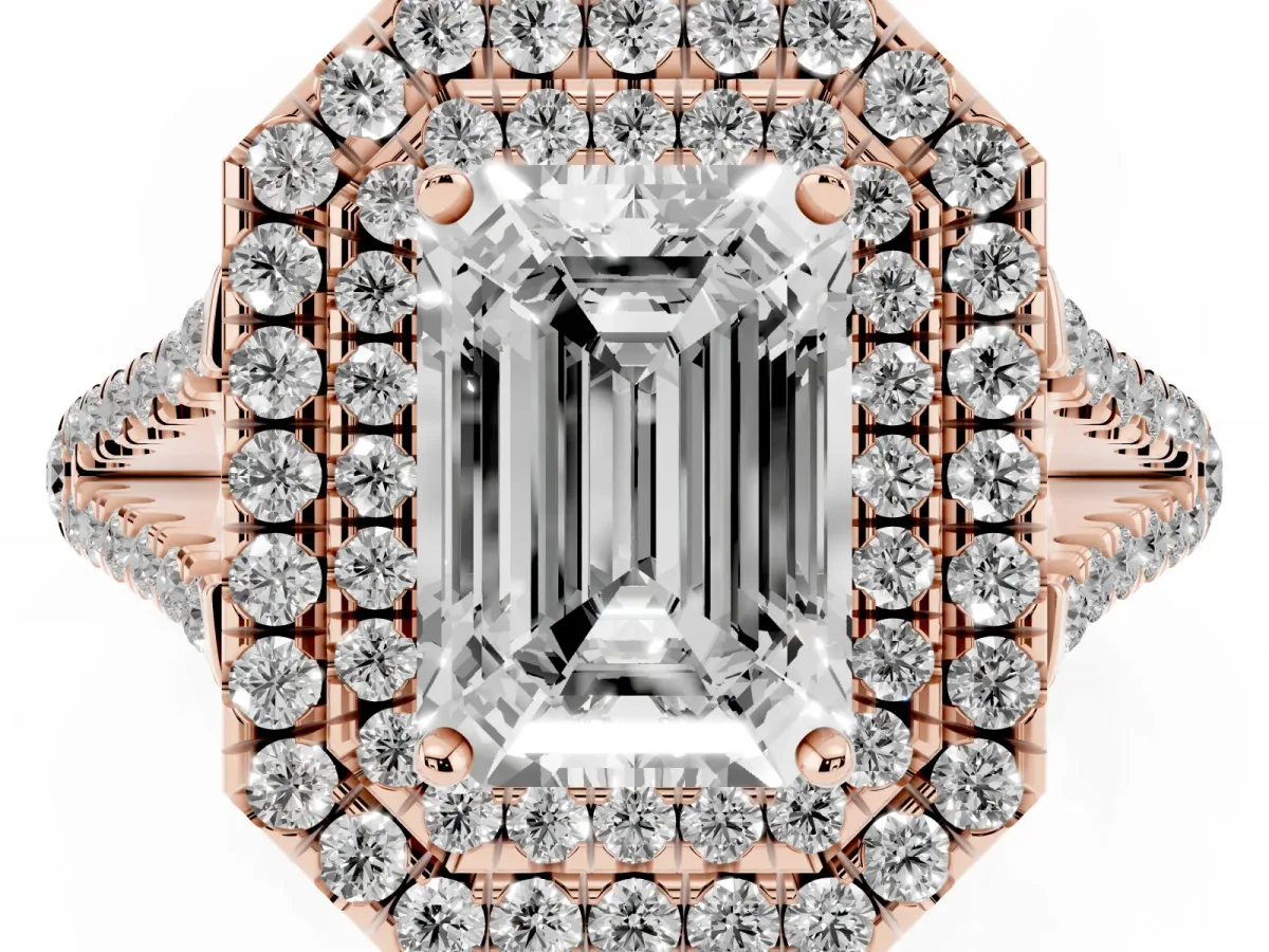 Emerald Cut Diamond Double Halo Ring with Pavé Band and Prong Setting Rose gold