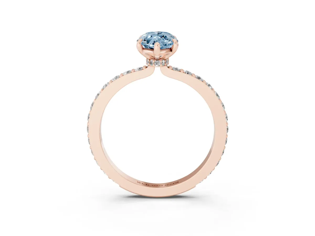 Fancy Blue Marquise Cut Diamond Pavé Engagement Ring with Round Accents and Prong Setting Rose gold