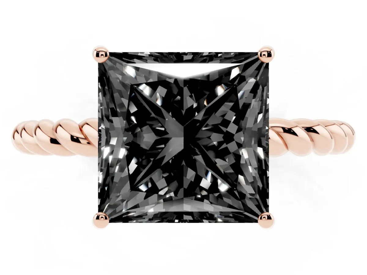Fancy Black Princess Cut Solitaire Twisted Band 4-Prong Ring Rose gold