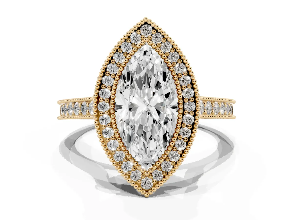 Halo Marquise Cut-Cut Diamond Pave Band Milgrain Prong Setting Ring Yellow gold