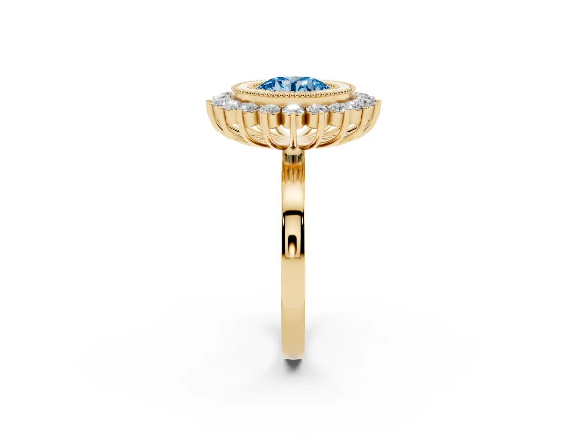 Fancy Blue Round Cut Halo Diamond Ring with Milgrain Edge and Round Prong Setting Yellow gold