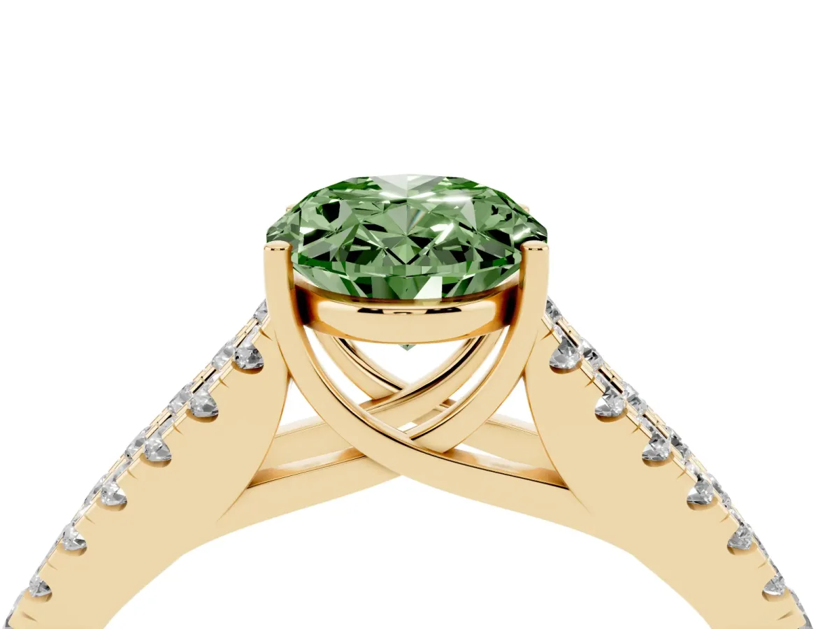 Fancy Green Oval Cut Diamond Split Shank Engagement Ring with Round Pavé and Prong Setting Yellow gold