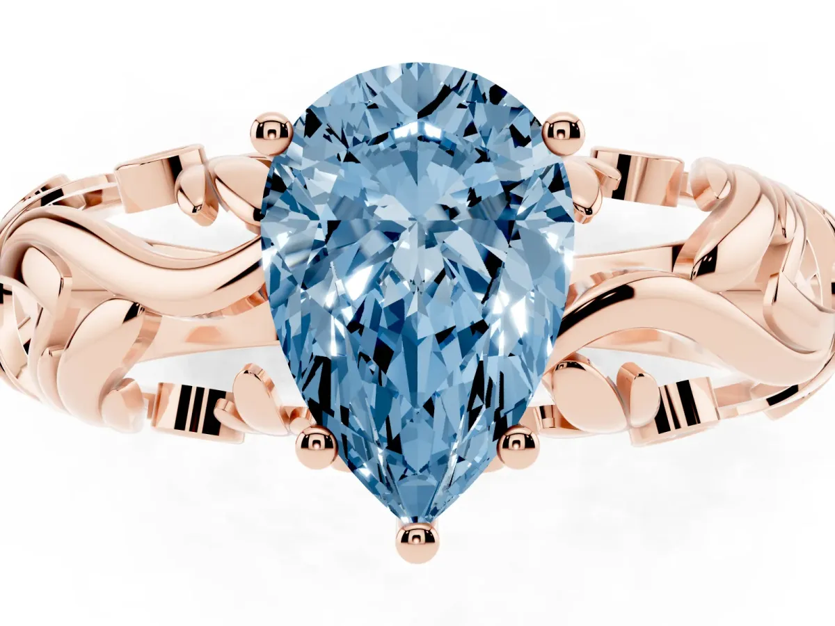 Fancy Blue Pear Cut Solitaire Diamond Leaf-Inspired Vine Band Ring with Prong Setting Rose gold