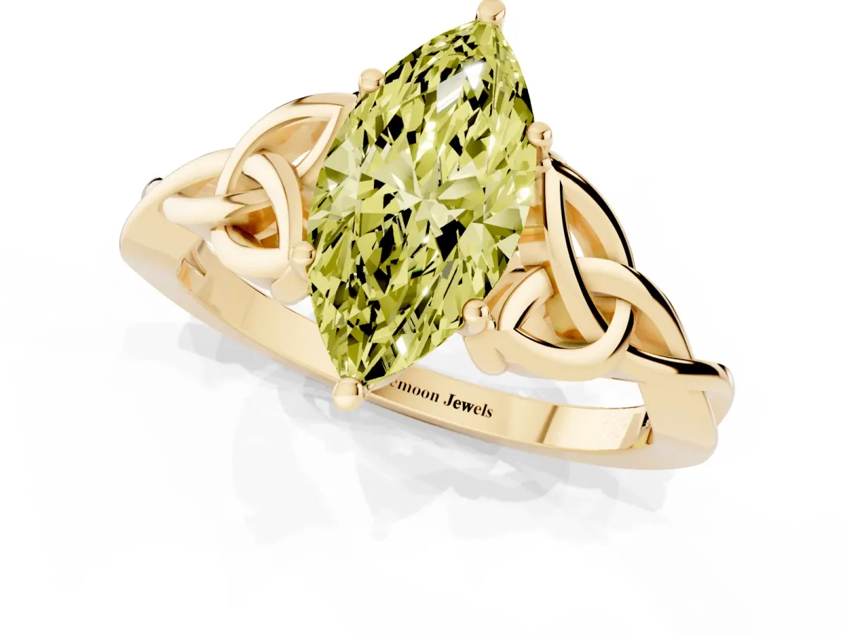 Fancy Yellow Marquise Cut Diamond Solitaire Engagement Ring with Celtic Knot Band and Four-Prong Setting Yellow gold