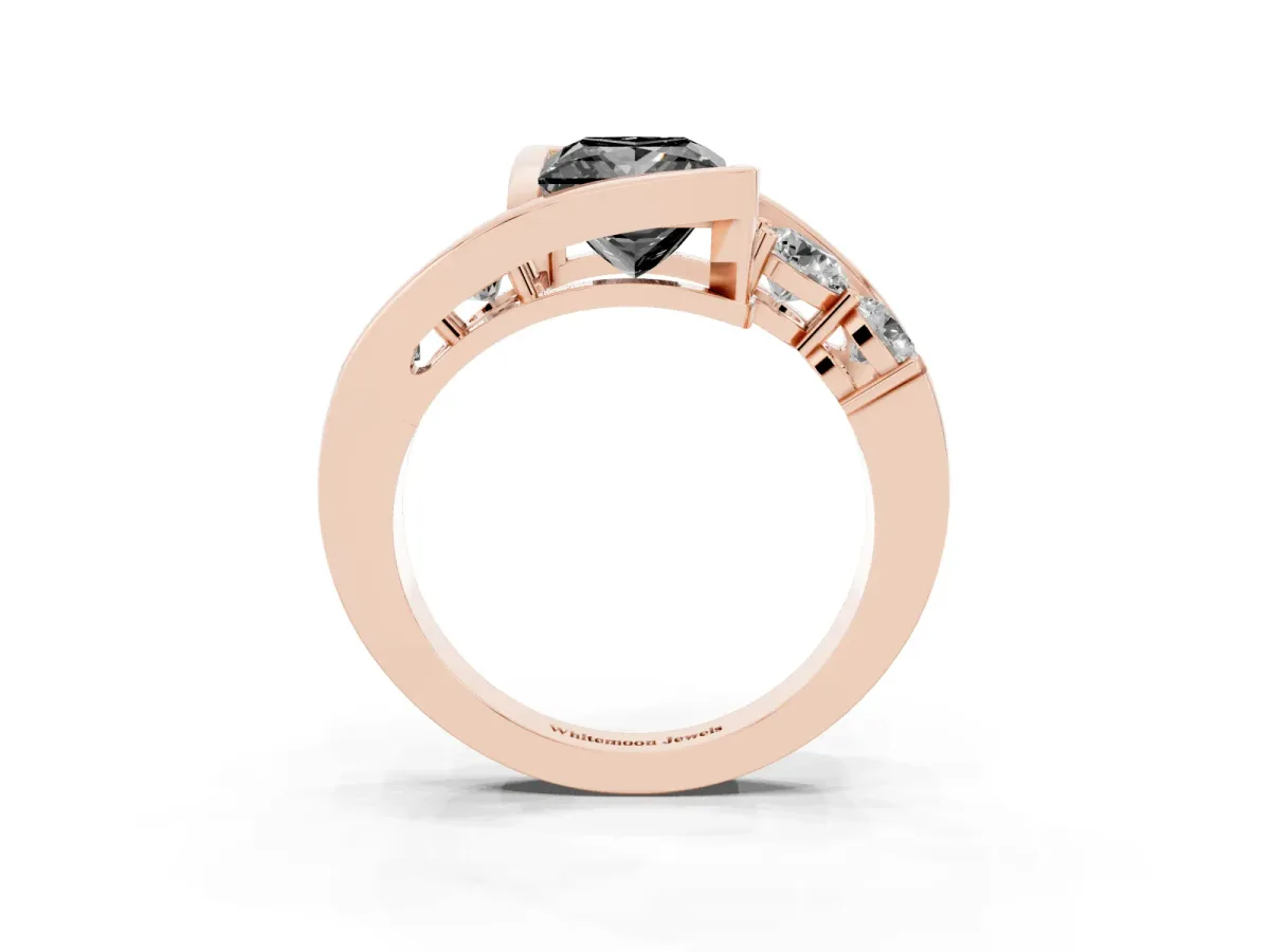 Fancy Black Bezel Set Princess Cut Diamond Bypass Ring with Round Accents Rose gold