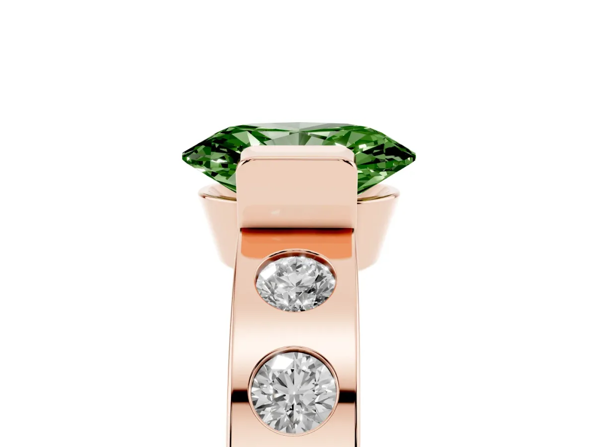 Fancy Green Oval Cut Brilliant Channel-Set Diamond Ring with Bezel Prong Setting Rose gold