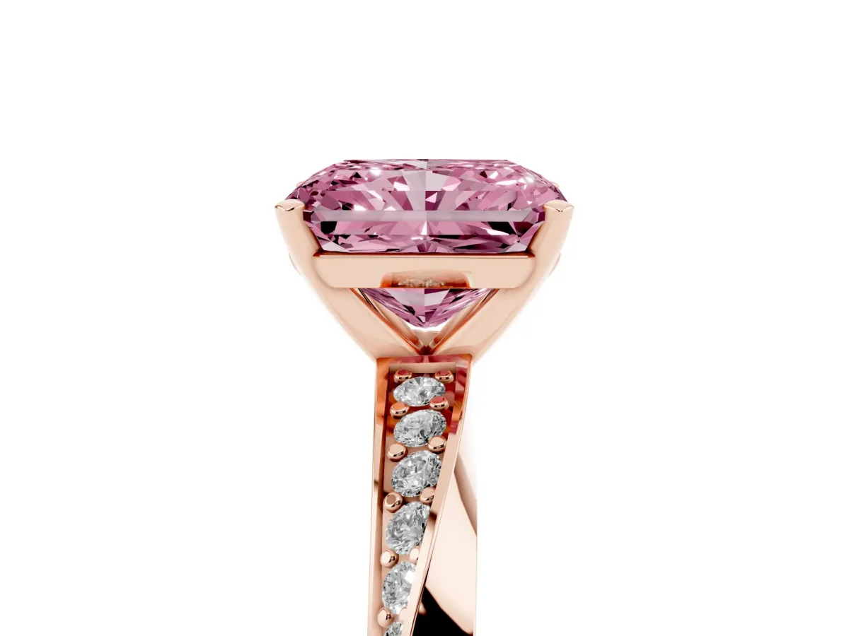 Fancy Pink Radiant Cut Diamond Engagement Ring with Side Stone Accents and Four-Prong Setting Rose gold