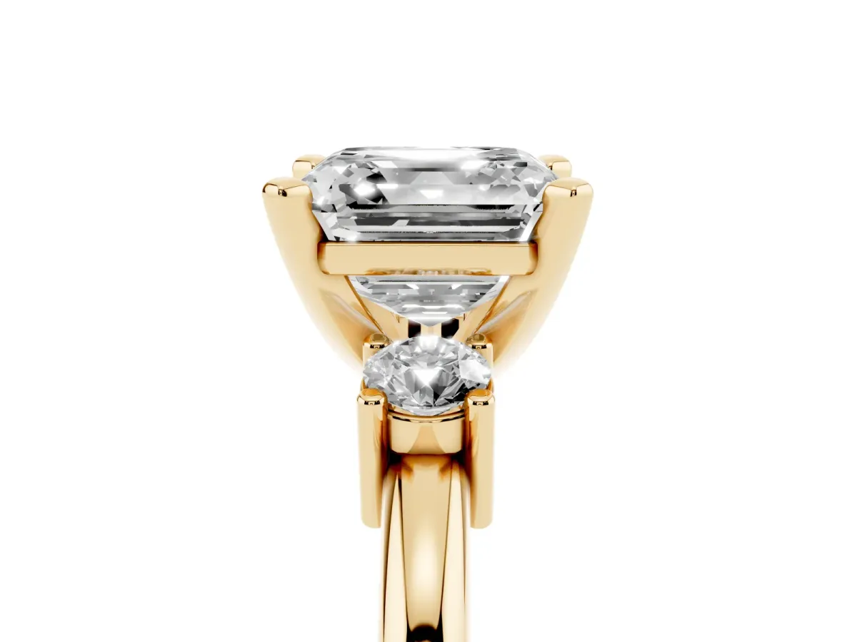 Three-Stone Asscher Cut Cut Diamond Solitaire with Prong Setting and Classic Band Yellow gold