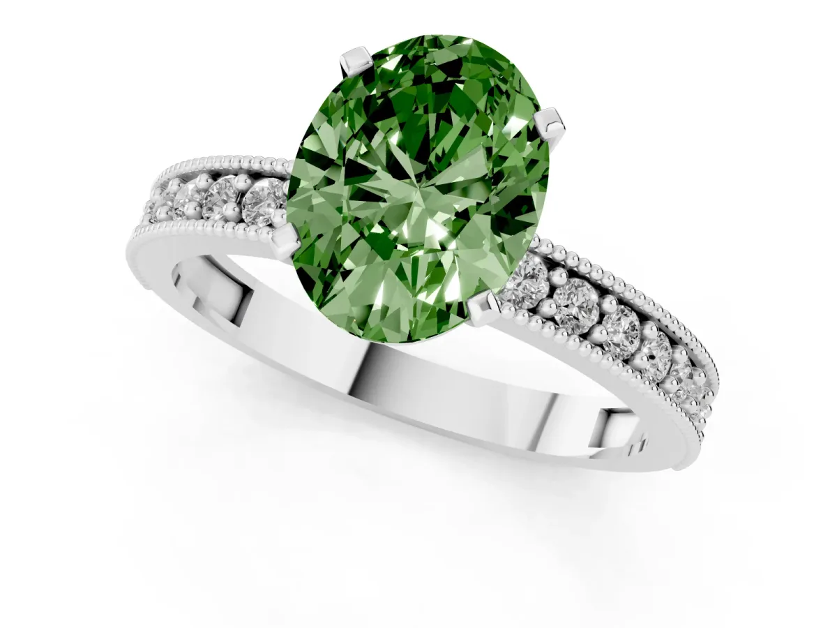 Fancy Green Oval Cut Diamond Milgrain Pavé Engagement Ring with Four-Prong Setting Silver