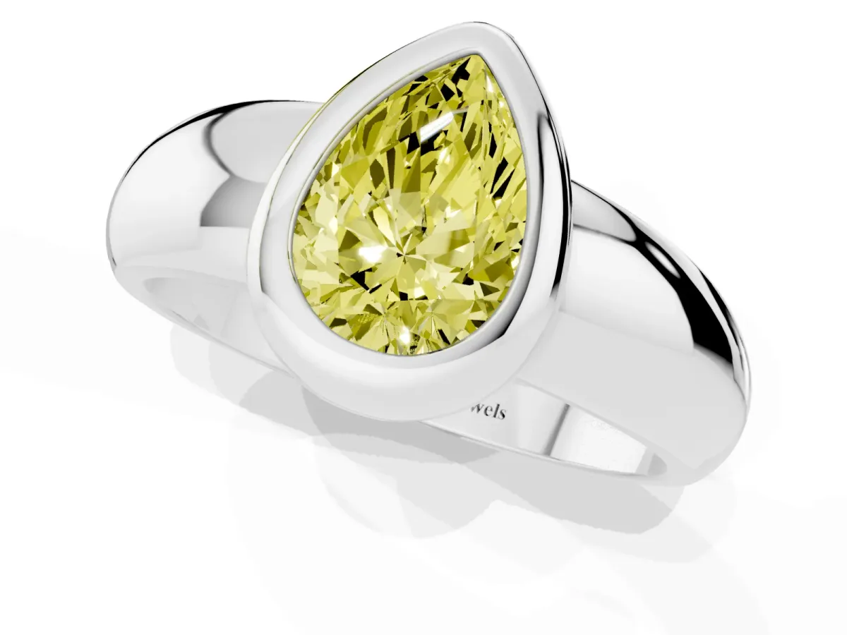 Fancy Yellow Bezel Set Pear Cut Solitaire Ring with Wide Band Silver