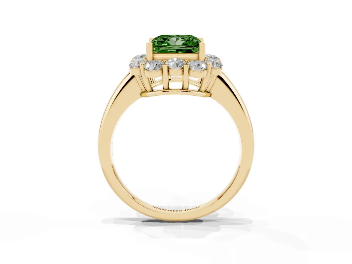Fancy Green Princess Cut Halo Milgrain Solitaire with Bezel Set Side Stones and Pave Band Yellow gold