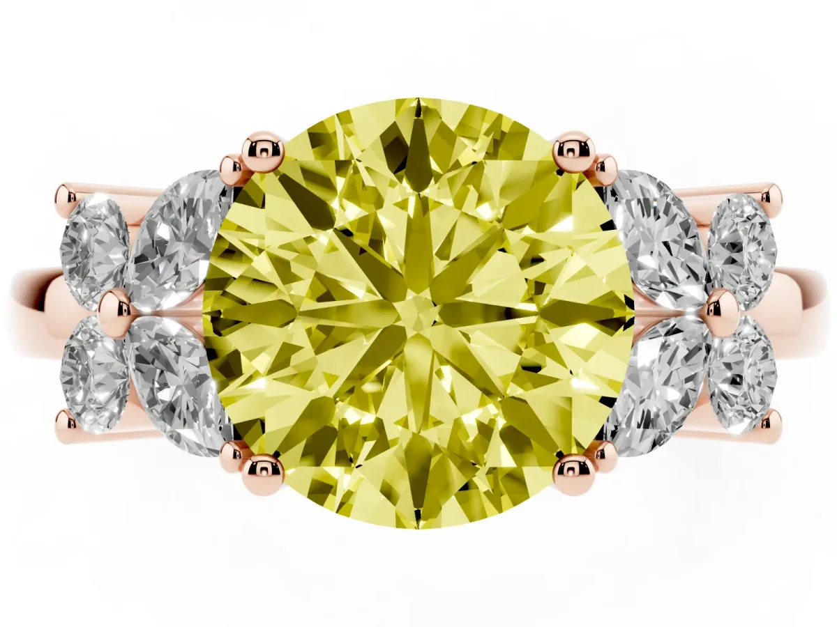 Fancy Yellow Round Cut Diamond Floral Cluster Ring with Solitaire Band and Prong Setting Rose gold