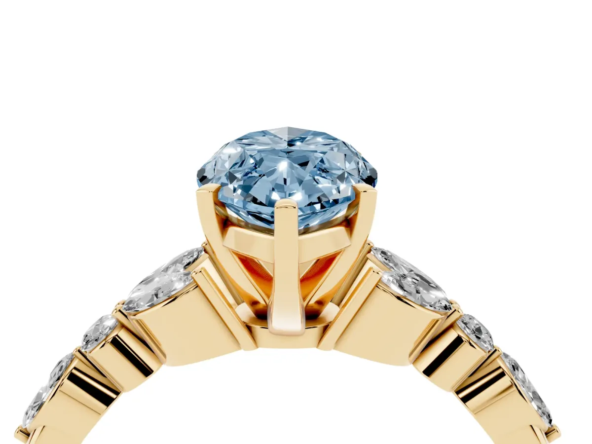 Fancy Blue Marquise Cut Diamond Solitaire Ring with Side Stones and Four-Prong Setting Yellow gold